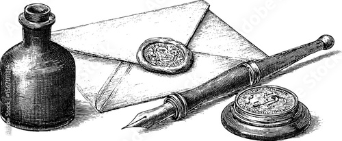 Vintage ink bottle, fountain pen, and sealed envelope sketch for retro design