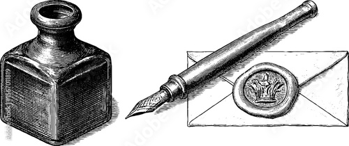 Elegant vintage writing set with ink bottle, fountain pen, and sealed envelope