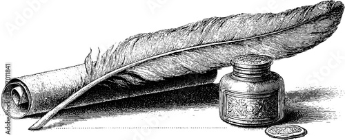 Vintage writing set with ink feather, scroll, seal, and dotted line design