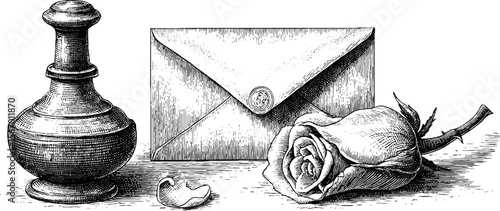 Vintage inkwell with folded letter and rose petal silhouette for romantic design