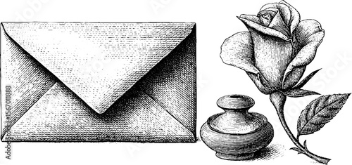 Vintage inkwell with folded letter and rose petal hand drawn engraving for retro design projects