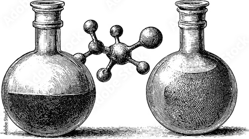 Vintage chemistry set featuring lab flask molecule and spark in dotwork style