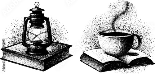 Vintage lantern, book, and steaming mug dotwork art for cozy ambiance design