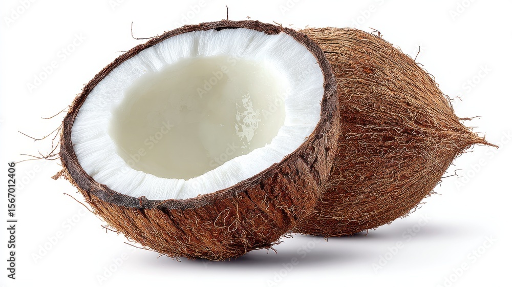 A slice of fresh coconut with skin, isolated on a white background, showcasing a tropical fruit option A slice of fresh coconut with skin, isolated on a white background, showcasing a tropical fruit option