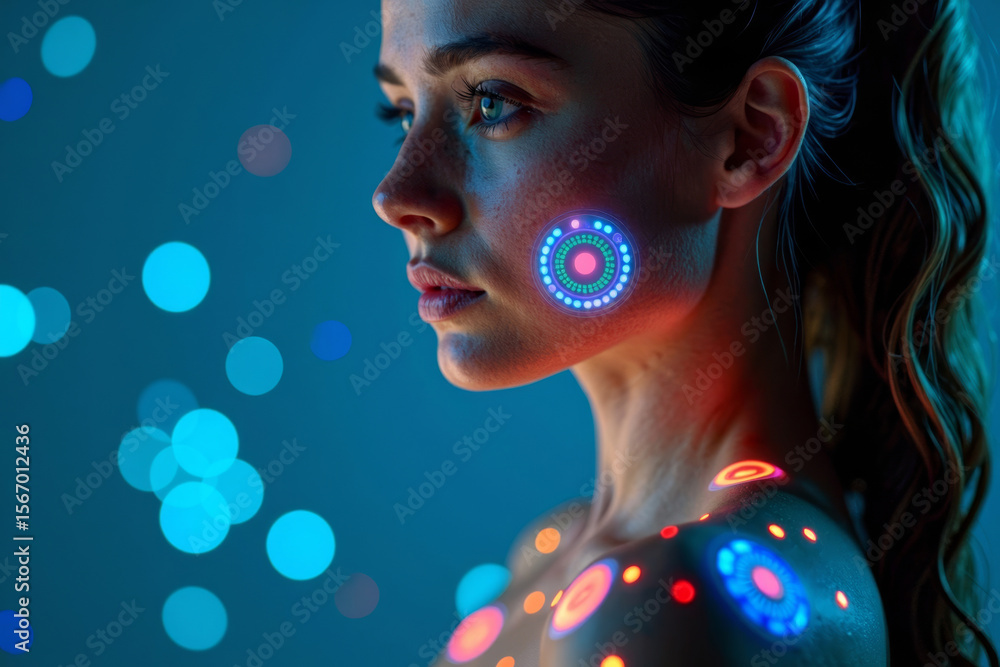 Naklejka premium A Woman's Futuristic Portrait: Vibrant Digital Contraception Patch Treatment Showing Interactive Visuals on her Arm
