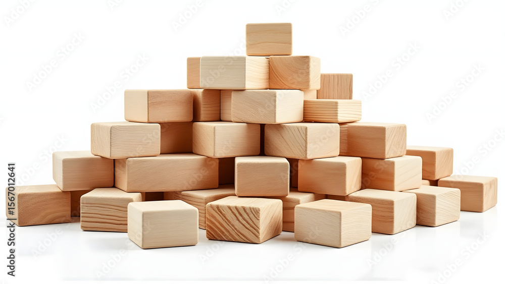 Obraz premium Wooden blocks stacked in pyramid shape on white background, showing natural wood texture and smooth surfaces