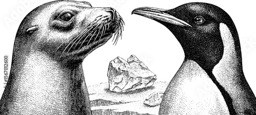 Vintage engraving of leopard seal and penguin with ice landscape for retro design