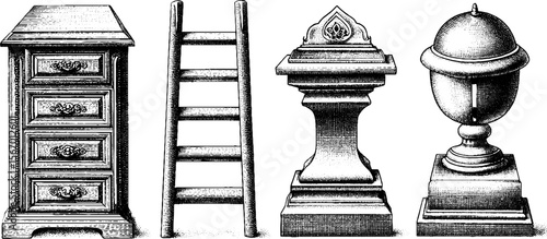 Vintage library ladder and reading lamp illustration for retro design projects