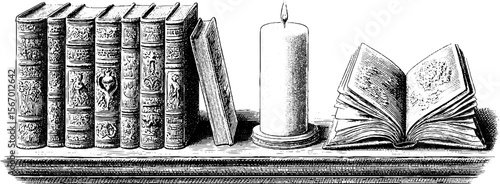 Vintage library shelf scene with open book and candlelight illustration for retro design