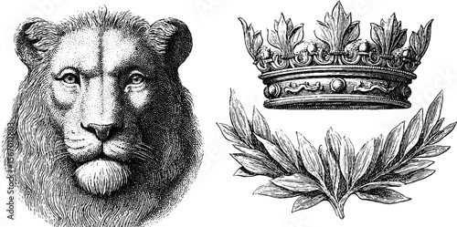 Majestic lion head with crown and laurel wreath engraving for retro design