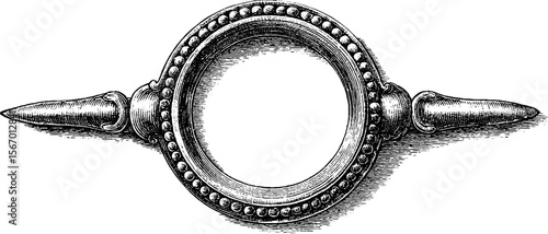 Vintage hand drawn circular frame with glitch fragment and spiked details