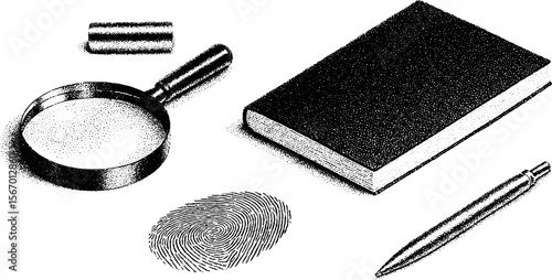 Detective tools set: magnifying glass, fingerprint, and notebook sketch for mystery solving