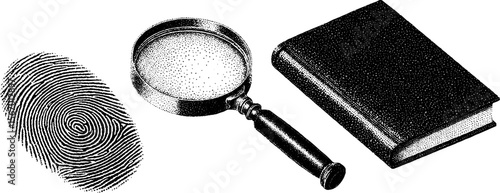 Vintage sketch of magnifying glass, fingerprint, and notebook for detective themes