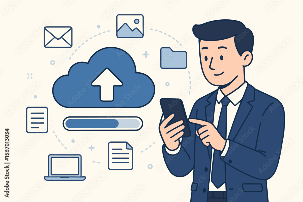 Cloud computing backup concept. Businessman using smartphone for online data storage service. Man uploading files, documents, photos to internet server. Data synchronization technology. Cloud computing backup concept. Businessman using smartphone for online data storage service. Man uploading files, documents, photos to internet server. Data synchronization technology.
