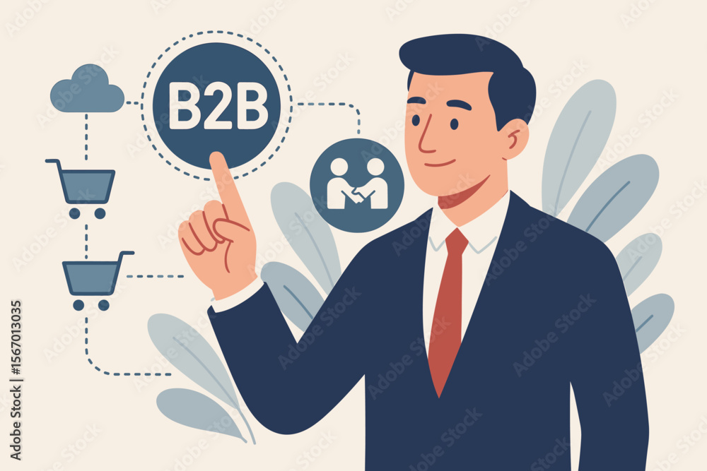 B2B marketing concept vector illustration. Businessman touching business to business icons for collaboration and partnership. E-commerce, supply chain, and sales network. B2B marketing concept vector illustration. Businessman touching business to business icons for collaboration and partnership. E-commerce, supply chain, and sales network.