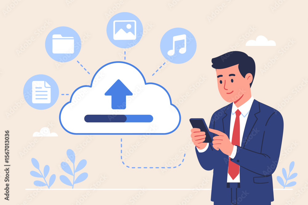 Cloud computing technology concept. Businessman using smartphone for online data backup and storage. Man uploading files, documents, and images to a secure server. Data management. Vector. Cloud computing technology concept. Businessman using smartphone for online data backup and storage. Man uploading files, documents, and images to a secure server. Data management. Vector.