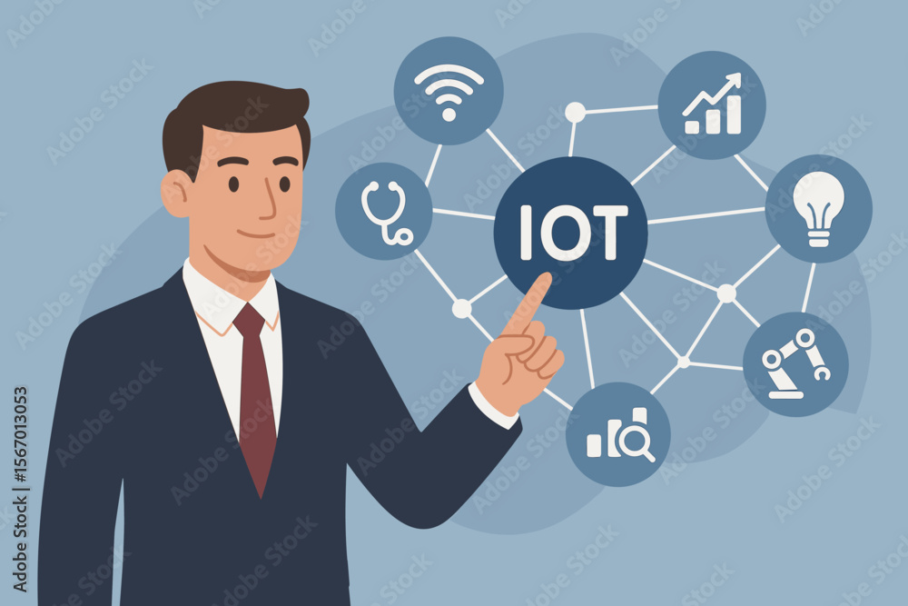 Businessman Presenting Virtual IoT Network Connecting Services with Graphical Icons in Science, Business, Marketing, Innovation, Industry, Modern Flat Vector Cartoon Illustration Businessman Presenting Virtual IoT Network Connecting Services with Graphical Icons in Science, Business, Marketing, Innovation, Industry, Modern Flat Vector Cartoon Illustration