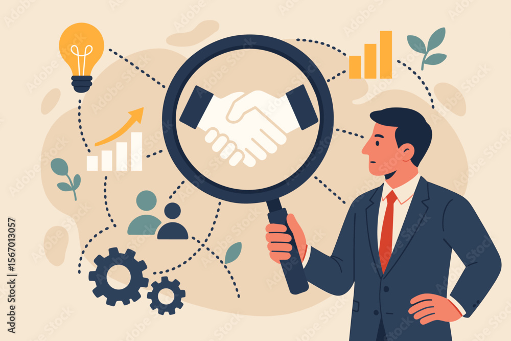 Business partnership concept. Businessman with magnifying glass analyzing a handshake. Collaboration strategies for corporate growth. Ecosystem of ideas, data, teamwork, negotiation. Business partnership concept. Businessman with magnifying glass analyzing a handshake. Collaboration strategies for corporate growth. Ecosystem of ideas, data, teamwork, negotiation.