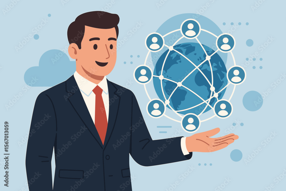 Businessman with global network icon. Concept for customer relationship management (CRM), digital marketing, social media connection, data exchange, worldwide client service, networking. Businessman with global network icon. Concept for customer relationship management (CRM), digital marketing, social media connection, data exchange, worldwide client service, networking.