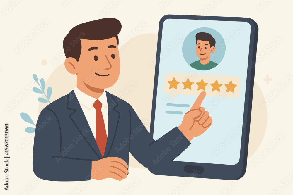 Businessman giving a five-star rating on a smartphone. Customer review concept with positive feedback. Service satisfaction, quality evaluation, and good rate review vector illustration. Businessman giving a five-star rating on a smartphone. Customer review concept with positive feedback. Service satisfaction, quality evaluation, and good rate review vector illustration.