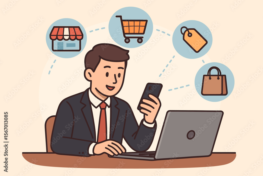 Businessman shopping online using a smartphone and laptop at his desk. E-commerce and mobile commerce concept with store, cart, and bag icons. Modern flat vector cartoon illustration. Businessman shopping online using a smartphone and laptop at his desk. E-commerce and mobile commerce concept with store, cart, and bag icons. Modern flat vector cartoon illustration.