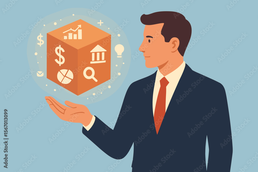 Businessman holding a floating cube with business icons. Concept for financial services, banking, investment, and data analysis. Corporate strategy, digital marketing, and growth. Businessman holding a floating cube with business icons. Concept for financial services, banking, investment, and data analysis. Corporate strategy, digital marketing, and growth.