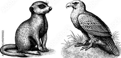 Vintage sketch of meerkat and eagle in alert stance for nature illustration