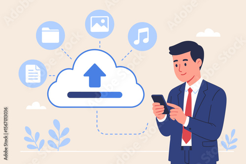 Cloud computing technology concept. Businessman using smartphone for online data backup and storage. Man uploading files, documents, and images to a secure server. Data management. Vector.