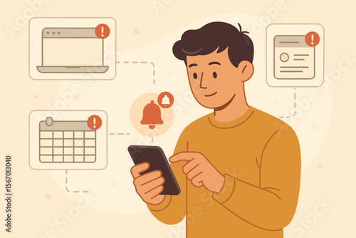 Alert notification concept. Person using smartphone receiving push notifications, web reminders, and announcements. Man checking mobile for schedule updates, calendar events, and messages.