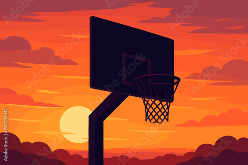 Basketball hoop silhouette against a sunset sky. Outdoor streetball court concept for sports and recreation. Modern flat vector cartoon illustration of a backboard and net at dusk.