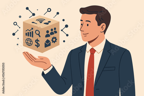 Businessman presents an all-in-one business solution in a box. Concept for digital transformation, marketing, finance, and data analytics. Corporate services and technology icons. Vector.