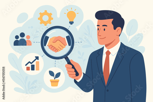 Business collaboration and partnership strategy concept. Man holding magnifying glass over a handshake. Searching for negotiation, agreement, teamwork, and innovation for company growth.