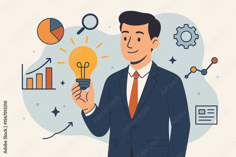 Innovation and business strategy concept. Successful businessman holding a glowing lightbulb for a new idea. Data science, analytics, research, and growth icons. Problem solving. Innovation and business strategy concept. Successful businessman holding a glowing lightbulb for a new idea. Data science, analytics, research, and growth icons. Problem solving.