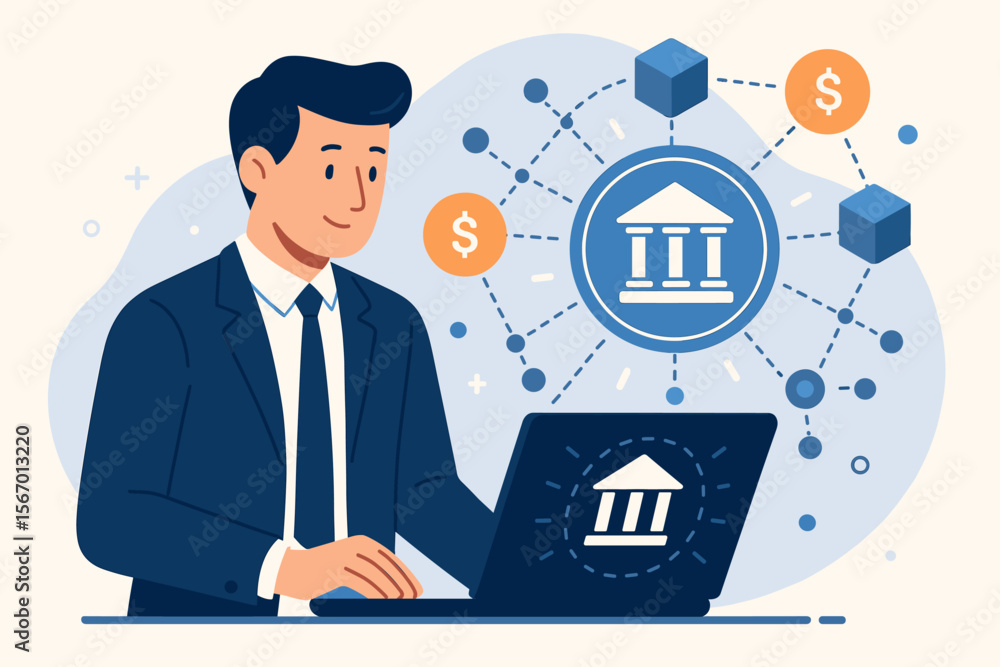 DeFi, Decentralized Finance concept illustration. Businessman using laptop with blockchain financial system. Fintech technology, cryptocurrency, web3, and digital assets network. DeFi, Decentralized Finance concept illustration. Businessman using laptop with blockchain financial system. Fintech technology, cryptocurrency, web3, and digital assets network.