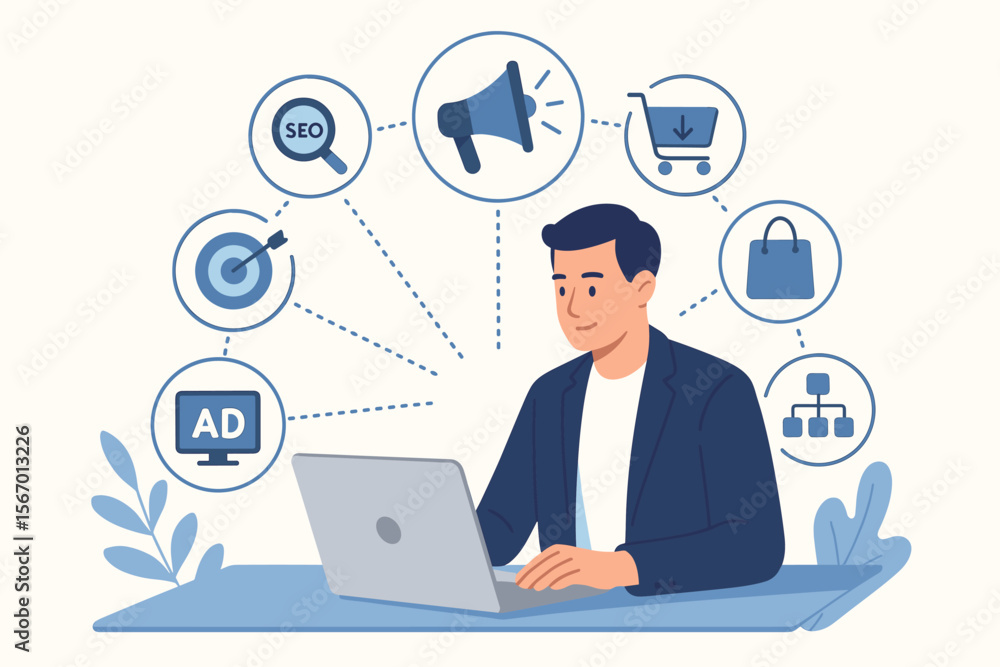 Digital marketing technology online concept. Businessman uses laptop for internet business strategy. Vector illustration with icons for SEO, advertising, ecommerce, promotion, and sales. Digital marketing technology online concept. Businessman uses laptop for internet business strategy. Vector illustration with icons for SEO, advertising, ecommerce, promotion, and sales.