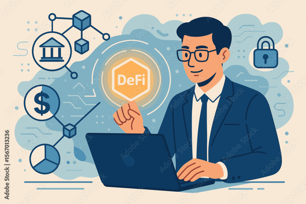 DeFi Decentralized Finance concept with businessman using laptop. Blockchain technology for secure digital banking, P2P financial system, and cryptocurrency investment. Fintech illustration. DeFi Decentralized Finance concept with businessman using laptop. Blockchain technology for secure digital banking, P2P financial system, and cryptocurrency investment. Fintech illustration.