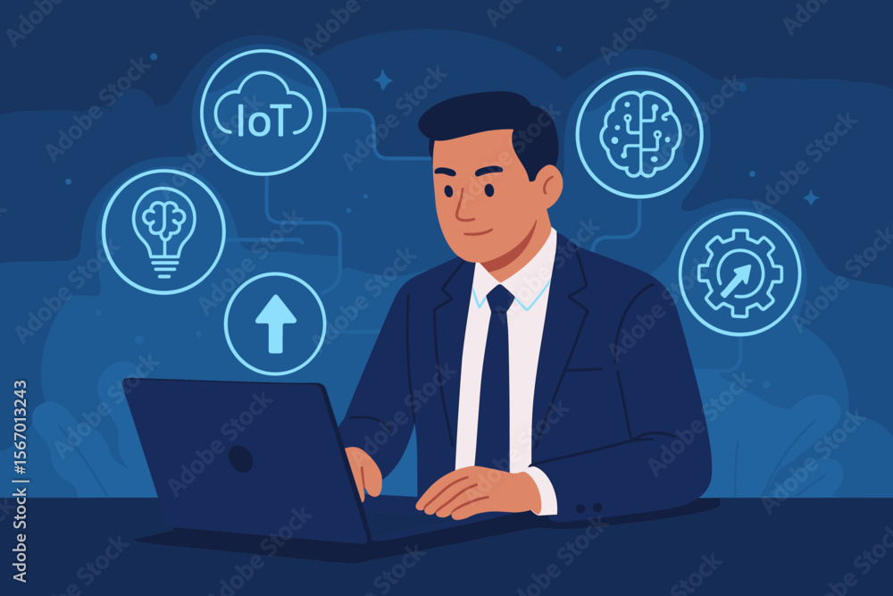 Businessman working on a laptop with technology icons. Digital transformation concept with AI, IoT, cloud computing, innovation, and automation for business strategy and growth. Businessman working on a laptop with technology icons. Digital transformation concept with AI, IoT, cloud computing, innovation, and automation for business strategy and growth.