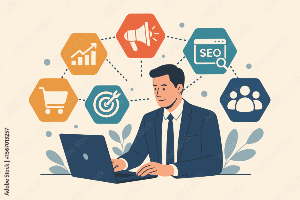 Digital marketing technology concept. Businessman working on laptop with online strategy icons. SEO, advertising, ecommerce, sales growth, audience targeting, data analysis vector. Digital marketing technology concept. Businessman working on laptop with online strategy icons. SEO, advertising, ecommerce, sales growth, audience targeting, data analysis vector.
