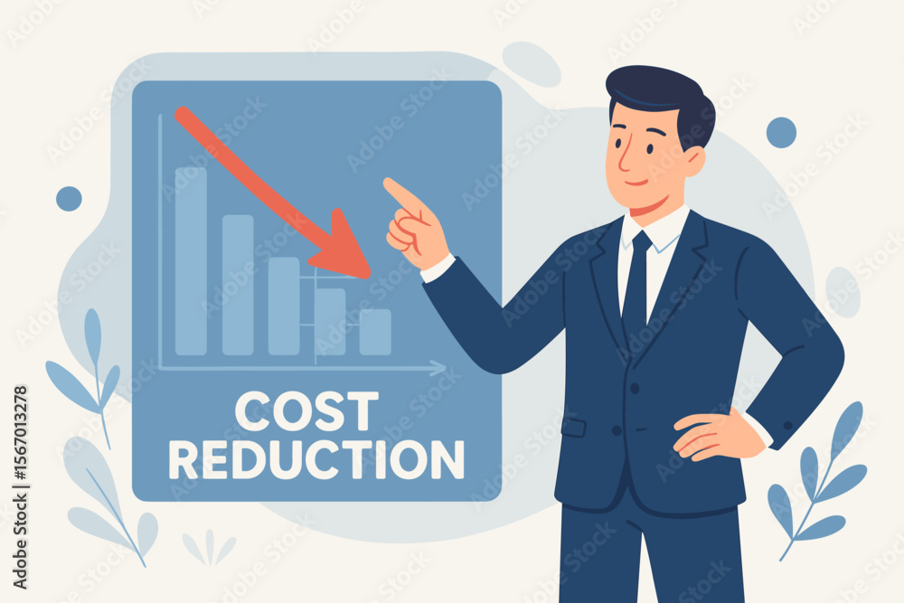 Businessman Presenting Cost Reduction Strategy with Downward Arrow on Bar Chart, Financial Savings, Budget Optimization, Decreasing Expenses, Corporate Management, Modern Flat Vector Illustration Businessman Presenting Cost Reduction Strategy with Downward Arrow on Bar Chart, Financial Savings, Budget Optimization, Decreasing Expenses, Corporate Management, Modern Flat Vector Illustration