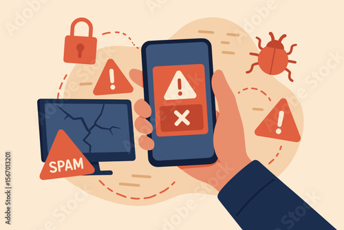 Cyber attack and security threat concept. Hand holding phone with error message, virus warning, and spam alert. Hacking, network failure, data breach, malware, phishing danger vector.