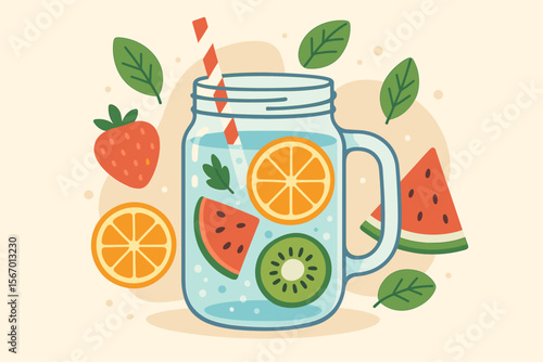 Refreshing fruit infused water in mason jar. Summer detox drink with orange, strawberry, watermelon, kiwi. Healthy lifestyle beverage concept. Modern flat cartoon vector illustration.