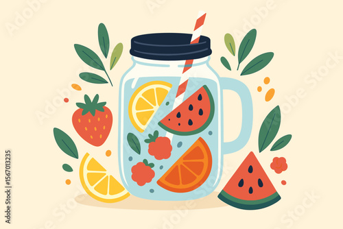 Fruit infused water in a mason jar. Refreshing summer detox drink with lemon, orange, watermelon, and raspberry. Healthy lifestyle beverage concept. Flat vector illustration.