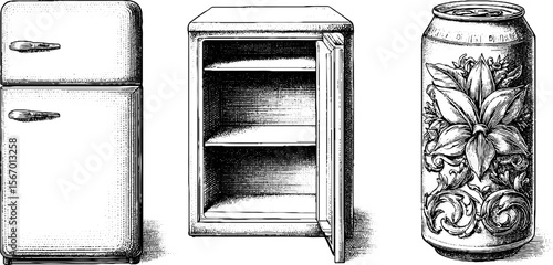 Vintage hand-drawn mini fridge, condenser coil, and open interior with decorative can design