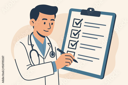 Medical doctor completing patient survey checklist. Healthcare professional with stethoscope marking checkboxes on clipboard. Hospital paperwork, diagnosis, medical form, flat vector illustration