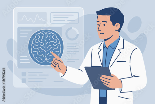 Neurologist analyzing brain scan results on digital interface. Medical technology innovation, neuroscience research, doctor with clipboard, brain diagnostics, healthcare science illustration.