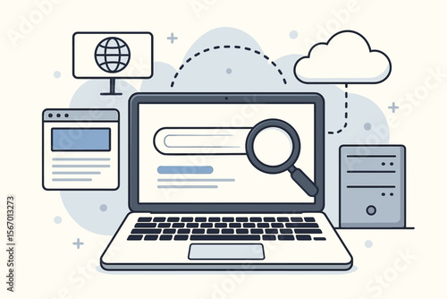 DNS domain name system and web server network vector illustration. Concept for domain registration, website name, URL address, and cloud hosting for website creation and search.