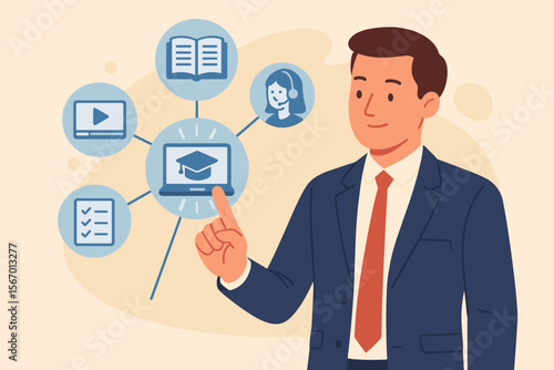 E-learning online education concept. Businessman in suit interacting with virtual screen. Online training programs, personalized learning, digital courses, remote education, flat vector illustration