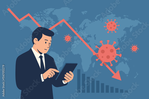 Global economic crisis impact, businessman analyzing financial market downturn on tablet, coronavirus outbreak, stock market crash, recession, worldwide pandemic business effects, financial loss