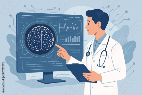 Neurologist analyzing brain scan results on digital computer interface. Medical technology innovation in neuroscience, healthcare diagnostics, brain health monitoring. Modern flat vector illustration.