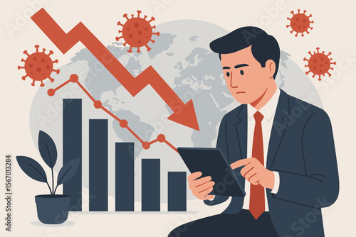 Global economic crisis impact, businessman analyzing financial downturn on tablet, coronavirus pandemic, declining market, business recession, outbreak effects, stock crash, worldwide economy